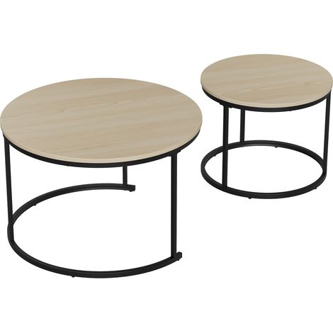 Set de 2 tables basses gigognes rondes, placage chêne, table basse ronde de 70 cm de diamètre, structure en métal, style moderne, adaptée au salon, à la chambre et au balcon. (1/5)