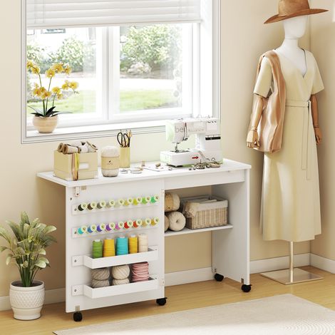 Table de Couture Pliante, Meuble Couture Roulant, Porte Magnétique de Grange, 2 Bacs, Étagère, 18 Chevilles, Blanc (1/5)