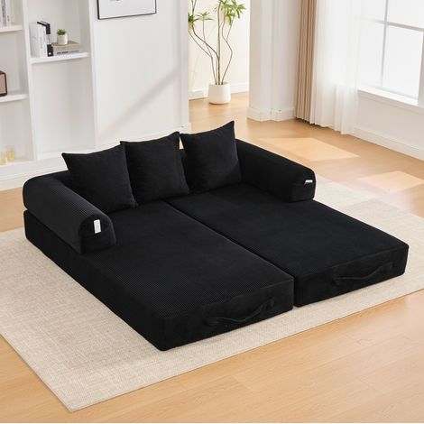 Divano modulare 200x94x67 cm nero in velluto a coste con struttura in metallo, tasca laterale e 3 cuscini (1/5)