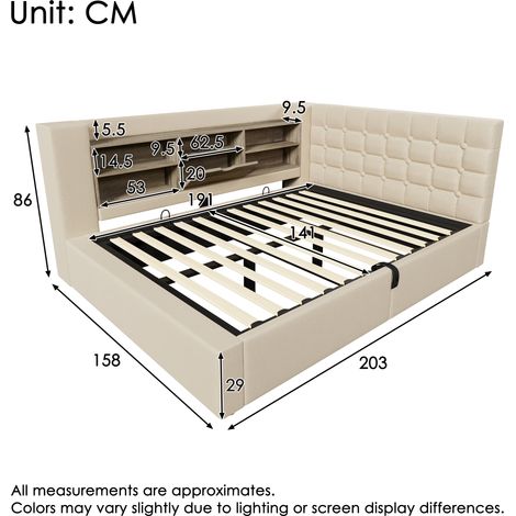Lit double 140x190 cm avec LED, coffre à ouverture hydraulique, tête de lit en angle avec étagères, montage modulable, sommier à lattes en tissu lin beige (matelas non inclus) (1/4)