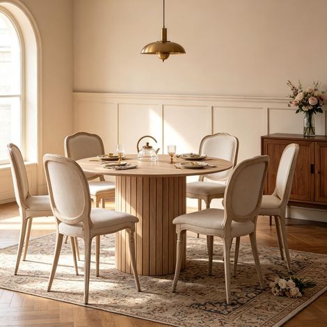 Table à manger ronde 120 cm en bois, 4 à 6 places, marron clair HAVRYA (1/5)