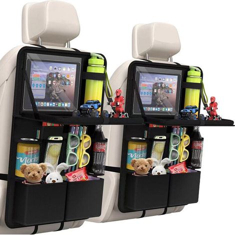 Organiseur de sac à dos pour siège auto, 1 pièce, avec support pour tablette, 11 poches de rangement, bol pliable, tapis pour enfants, organisateur d'accessoires de voyage, noir (1/4)