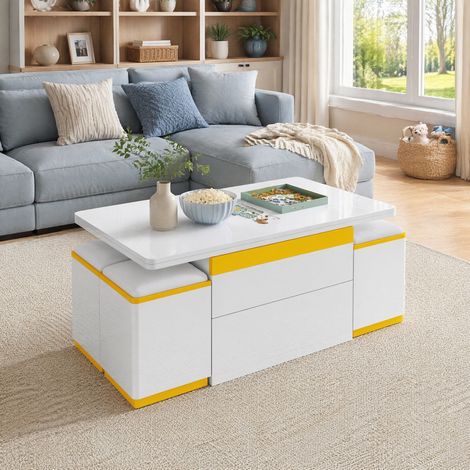 Table basse relevable 100x50x43 cm blanche et jaune, rangement intégré, MDF/PB MEUBLIV (1/5)