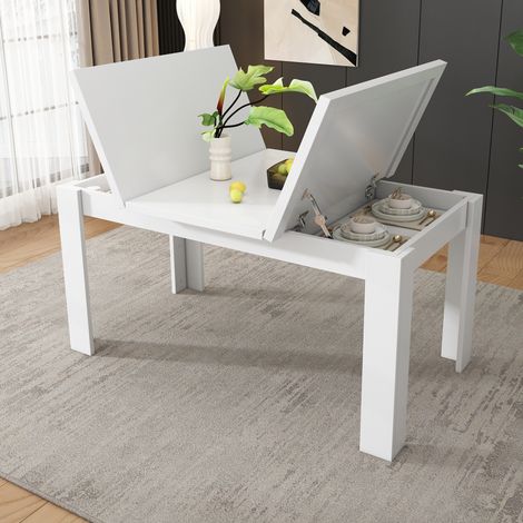 Esstisch mit verstecktem Stauraum und klappbarer Platte für Esszimmer, aus MDF, Weiß, 120 × 70 cm