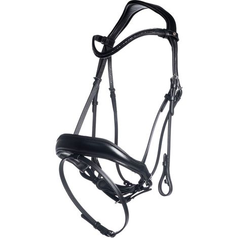 Pony, Nero: Briglia in cuoio completa di redini in tela con nasalina anatomica e frontalino a V cristalli sottili modello Ira