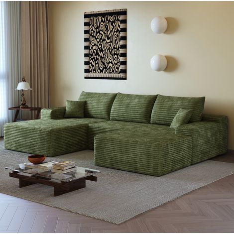 Divano angolare modulare 270 cm verde con chaise longue a L, velluto a coste, seduta profonda (1/5)