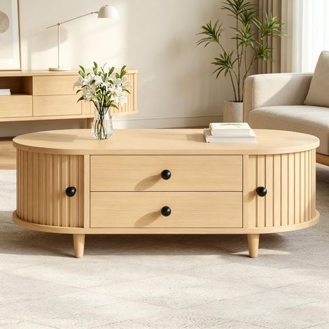 Table basse 100x50x36 cm en MDF et bois, bois clair, avec rangement pour salon FloraGrace (1/5)