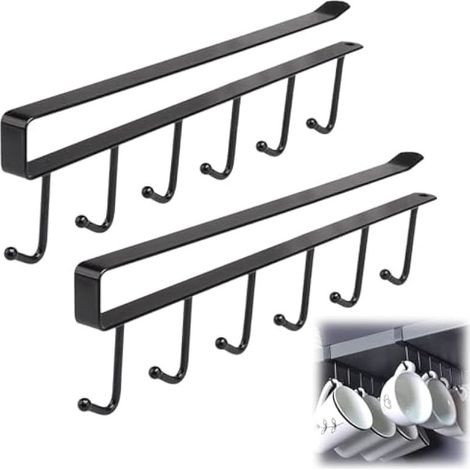 Lot de 2 porte-gobelets noirs à 6 crochets sous une armoire, rangement sous une étagère, pour restaurant, café, bar, cuisine, avec vis adhésive (1/5)