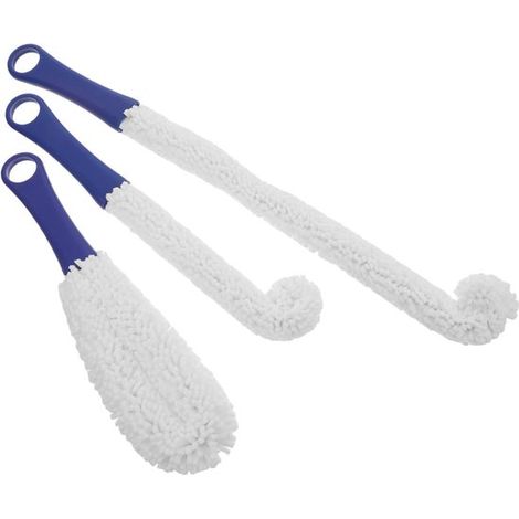 Kit de 3 brosses à bouteilles avec tête en mousse souple et longue poignée, pour verres à vin, carafes, biberons et nettoyage en profondeur, sans rayures, bleu et blanc (1/5)
