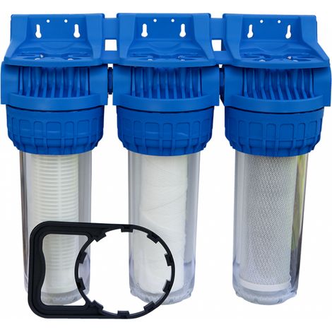 Orion – Filtre eau de pluie – Porte filtre Triplex 9 pouces 3/4 – 3 cartouches de filtration – Utilisation sur eaux de forage et surface