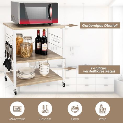 3 ebenen servierwagen rollwagen mit verstellbarer ablage 10 abnehmbaren haken 60 x 40 x 73 cm natur