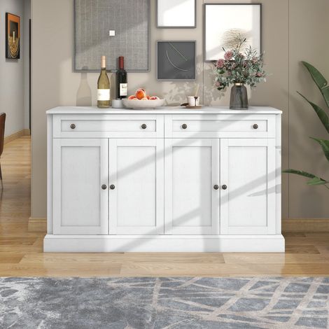 Credenza da cucina - 150x40x86 cm - 4 ante, 2 cassetti, design retrò, ripiani regolabili - bianco antico (1/5)