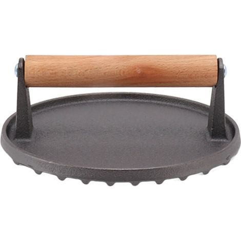 Presse à griller, en fonte, surface rainurée, poignée en bois confortable pour barbecue et cuisson de steaks (1/5)