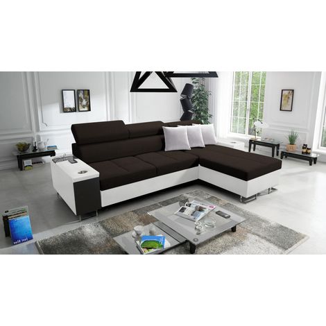 Bequemes Ecksofa mit Schlaffunktion MORENA I MAXI Kunstleder/Sawana Weiß/Dunkelbraun Rechts (1/5)