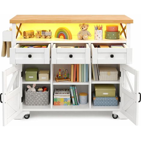 Îlot de cuisine mobile avec LED connectée, plateau rabattable, rangements, portes vitrées et structure métal/MDF, blanc, 120 cm, pour petites cuisines – CHICFURN (1/5)