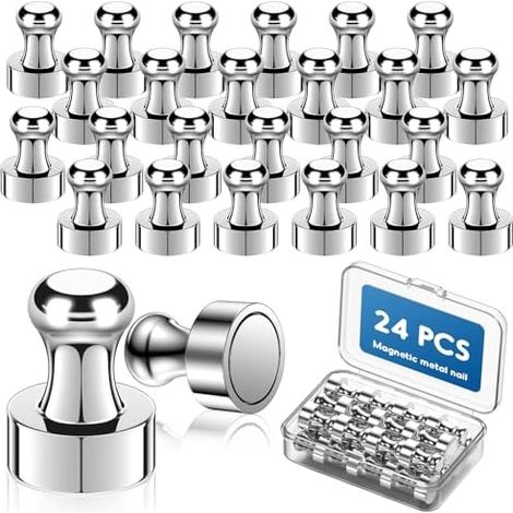 24 Pcs Aimant Puissant - Aimants Tableau Magnétique avec boîte de Rangement, Frigo, Neodyme, Magnets Mini Aimants, pour Réfrigérateur/Images/Notes/Carte/Tableau Blanc, Argenté pcs (1/5)
