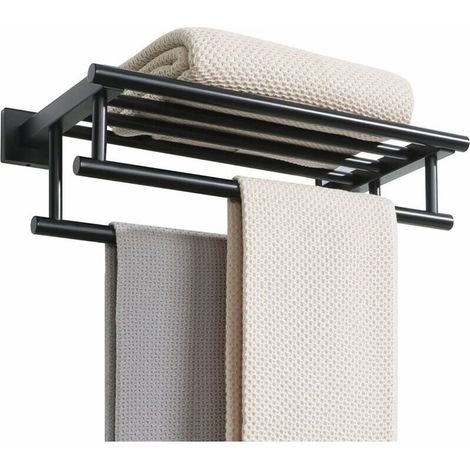 Porte-serviettes, grand porte-serviettes avec double barre porte-serviettes pour salle de bain et WC, porte-serviettes mural en acier inoxydable SUS 304 de 40 cm, noir mat