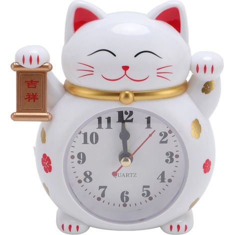 Horloge chat porte-bonheur en plastique précis, dessin animé mignon, bonne alarme pour la maison, blanc YF2025B (1/5)