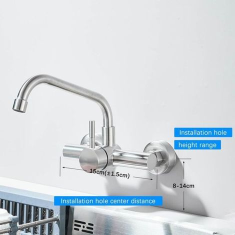 Robinet De Cuisine Mural - Mitigeur Rotatif 360° - Pour Evier Double - Distance Trous 150 Mm - Acier Inoxydable 304 (1/5)
