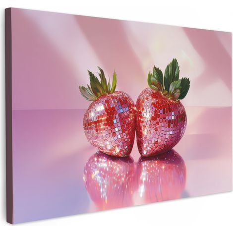 TABLEAU SUR TOILE Disco - Fruits - Paillettes - Fraise Tableau Cuisine Décoration murale 90x60 cm