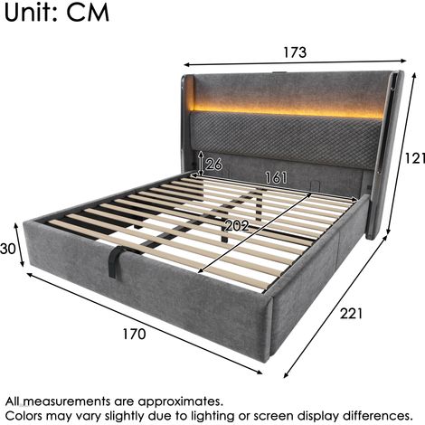 Lit hydraulique double 160x200 cm lin gris,tête haute,LED,grand rangement,USB/Type-C,moderne,avec matelas