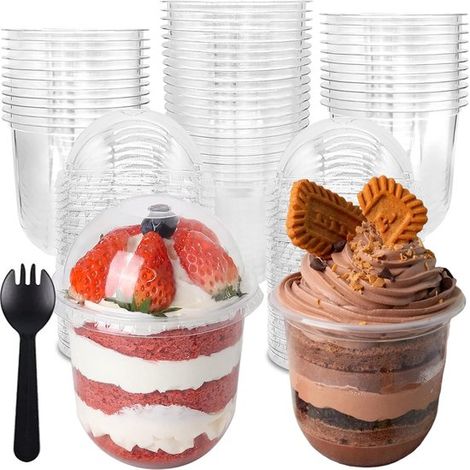 Juego de 50 vasos transparentes para postres con tapa abovedada y tenedores,Vasos de plástico de 360 ml para helados y pasteles (1/5)