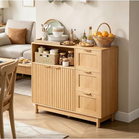 Buffet de cuisine 90x35x80 cm décor bois en MDF et panneaux de particules avec rangement modulable (1/5)