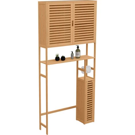 Idmarket – Meuble pour WC 3 en 1 en bambou naturel – Rangement compact avec 2 placards et étagère – Dimensions 79x23x178 cm (1/5)