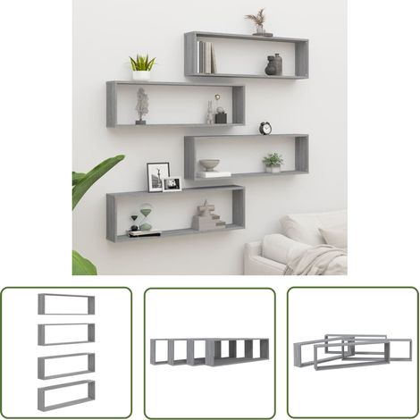 The Living Store Étagères murales cube 4 pcs Sonoma gris 100x15x30 cm Bois - Étagères Murales - Étagères Cubes - Étagères Déco - Rangement Mural - Décoration Intérieur (1/5)