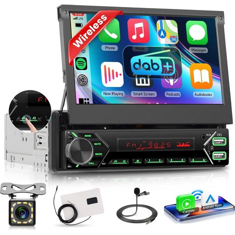 Dab/Dab+ Autoradio Carplay Android Auto sans Fil avec écran rétractable électriquement de 7 Pouces, Radio FM 1 DIN avec Bluetooth, Mirror Link,2 USB/Type-C/SD avec caméra de recul (1/5)