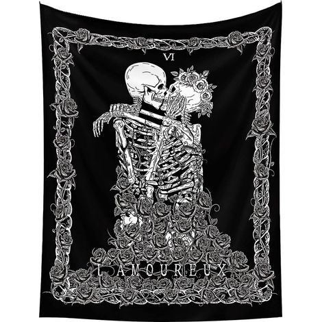 Crane Tapisserie murale baisers amants Tapisserie Tenture murale Noir Tarot Tapisserie Squelette Couverture Tissu Décoration pour chambre à coucher Salon 73 x 95 cm (1/5)