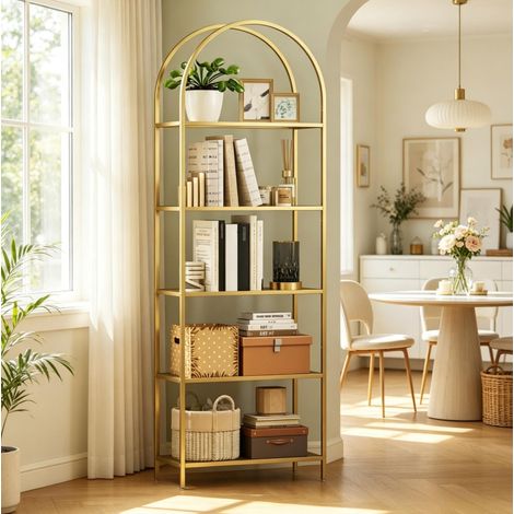 CHICFURN Bibliothèque étagère 60x30x175 cm acier doré verre trempé 5 niveaux pour salon bureau (1/5)