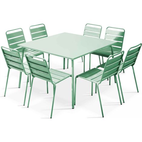 Ensemble table de jardin et 8 chaises en métal vert sauge - Palavas