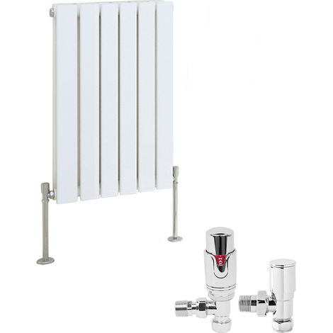 White Designer Flat Panel Radiator + Thermostatic TRV Radiator Valves Chrome Angled Horizontal 600x408mm Double