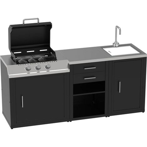 Set Barbecue a Gas 3 Fuochi con Lavello con Rubinetto e Tagliere, Cassettiera 2 Cassetti Estraibili, Mobile Cucina BBQ per Terrazzo e Giardino, 210,4 x 60,7 x 94 cm