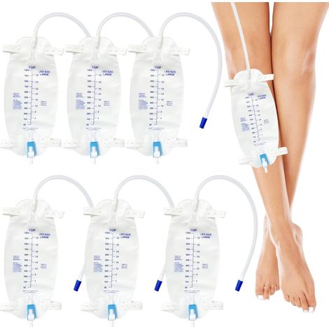 Urinbeutel für die Beine – 6er-Pack – Medizinischer Polyurethan-Beutel – Rückflussverhinderer und 30 cm Schlauch – Inkontinenz und Pflege – 1000 ml, transparent (1/5)