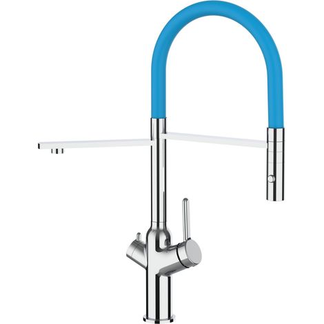 Rubinetto 3 vie miscelatore cucina cromato con canale separato per acqua filtrata, canna azzurra movibile e doccia due getti staccabile - serie BOD (1/4)