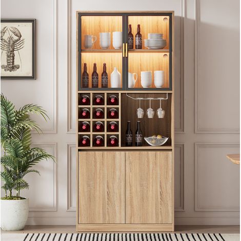 Vitrinenschrank naturfarben aus MDF mit Glastüren, LED-Beleuchtung und herausnehmbarem Weinglashalter (1/5)