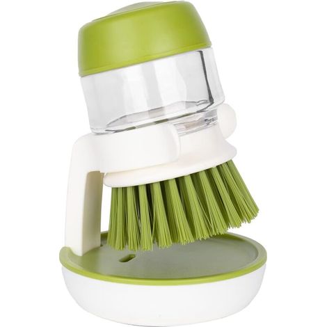 Vtizikl Distributeur de savon, brosse à récurer en forme de paume avec bac d'égouttage, brosse à vaisselle pour liquide vaisselle (vert) (1/4)