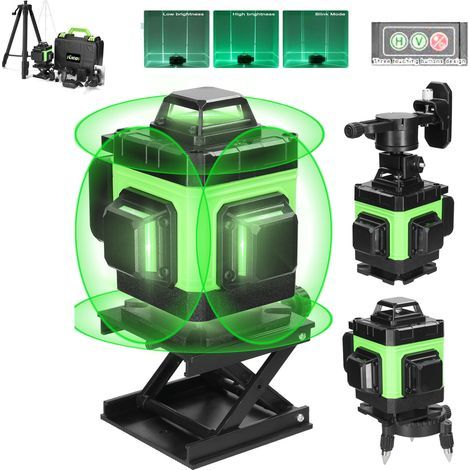 360°-Selbstnivellierungs-Laser-Nivelliergerät x 4, 4D-Baulaser-Nivelliergeräte mit 16 Laserlinien, Impulsmodus für den Außenbereich, 2 Batterien, automatische Nivellierung, drehbare Halterung, Fernbed (1/5)