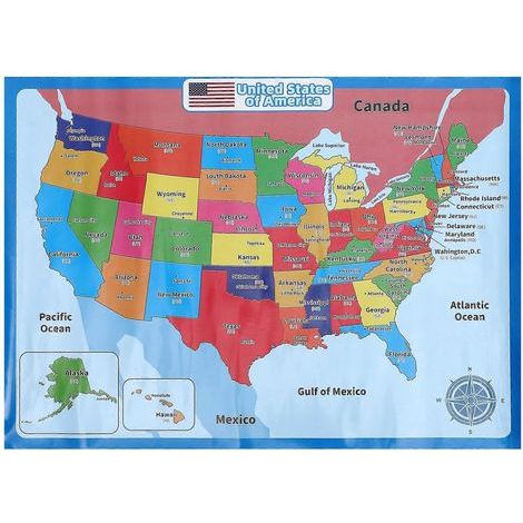 1 feuille d'affiche intéressante représentant une carte des États-Unis - Affiche préscolaire résistante à l'usure - Affiche d'apprentissage pour enfants-60X45CM (1/4)