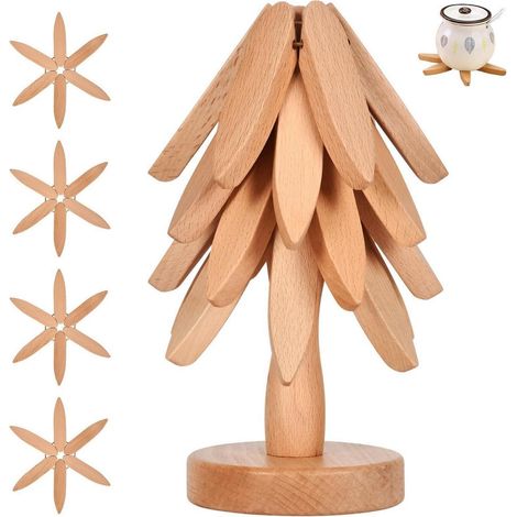 Topfuntersetzer Set 4 Stück mit Ständer, hitzebeständig, Holz, 20cm