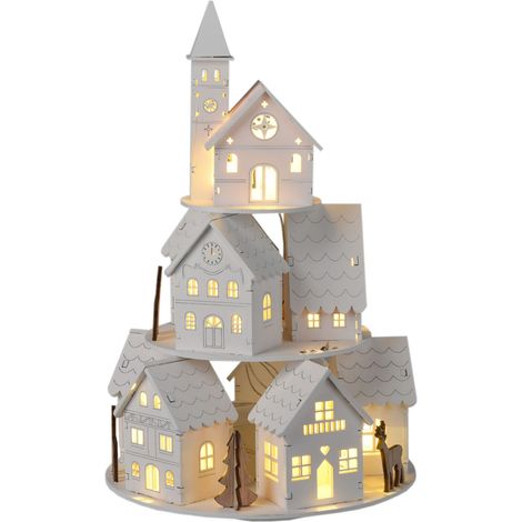 LED Holz Spieluhr Turm zum Aufziehen 3 Etagen drehend - 29 x 18 cm - Weihnachts Deko Aufsteller mit Beleuchtung und Musik Batterie betrieben - Tischdeko für Weihnachten Advent Weihnachtsdorf Zubehör
