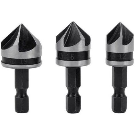 3pcs 1/4" Hex HCS Fraise à Chanfreiner 5 Flûte Foret Embouts pour phanfreiner Évier à Fraise Conique 12mm/16mm/19mm Pour Bois Métal (1/5)