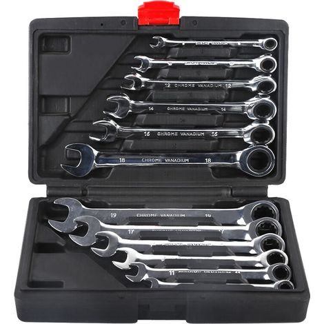 – Jeu de 12 clés mixtes à œil et clés plates à cliquet 8-19mm – Acier chrome vanadium 6150 – 72 dents – Malette de transport robuste - 12Pcs