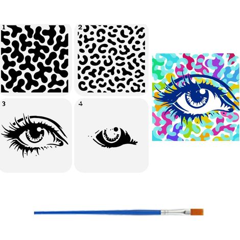 4PCS Pochoirs Texture Yeux Superposés 15x15cm avec un Pinceau Pochoirs Abstraits Modèle de Dessin Yeux Superposés pour Peinture sur Bois Murs Toile et Tissu (1/5)