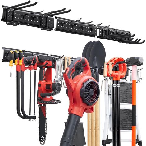 Pelles, râteaux et outils de jardin, rack mural de rangement pour garage ou abri avec 3 rails et 12 crochets (1/5)