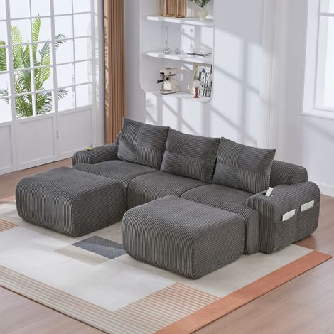 Sofá modular de 3 plazas con 2 pufs, portavasos y bolsillo lateral, gris oscuro, de terciopelo acanalado (pana), 268x174x80 cm (1/5)
