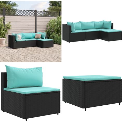 4-tlg. Garten-Lounge-Set mit Kissen Schwarz Poly Rattan - Garten Lounge Set - PE-Rattan Möbel - Outdoor Möbel - Gartenmöbel - Loungesessel - Home & Living
