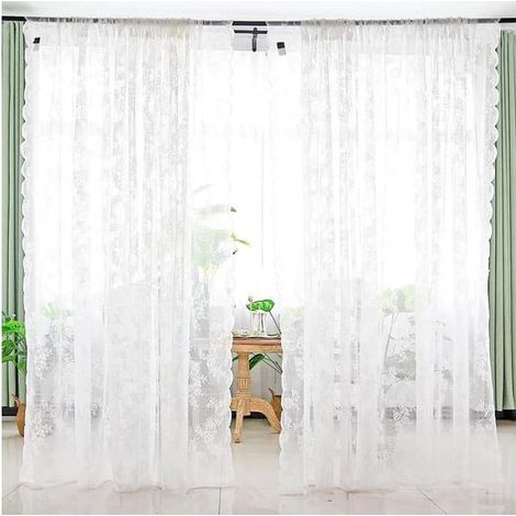 Rideau en dentelle blanche à broderies florales, voilage avec fourreau, 1 pièce (1/5)
